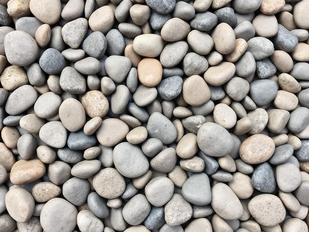 Smooth flat beach pebbles and creek stones in grey and tan tones