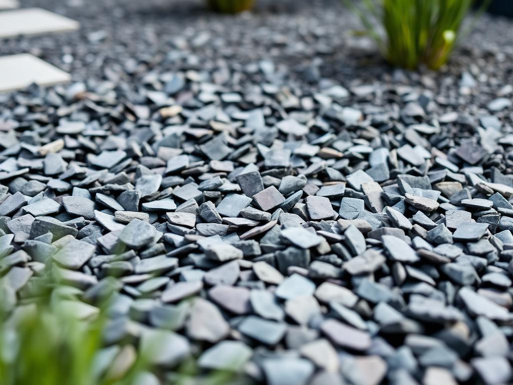 Blue-grey slate chippings in a landscaped garden border