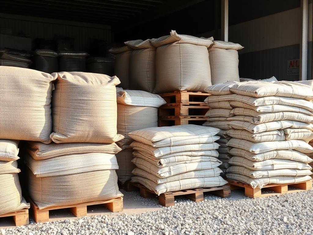 Woven bulk bags and stacked pallets of pebbles prepared for export packing